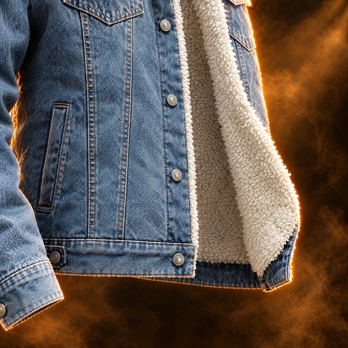 Bruno denim jacket close-up of the plush sherpa lining and hand pocket