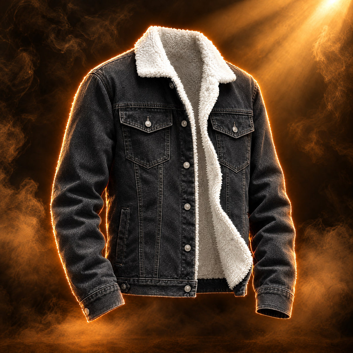 Bruno sherpa lined denim trucker jacket for men in retro black, front view