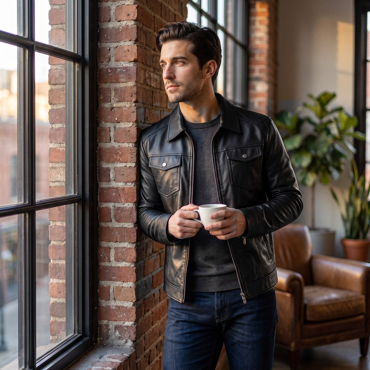 Rocco faux leather jacket, black, worn in a brick-walled loft