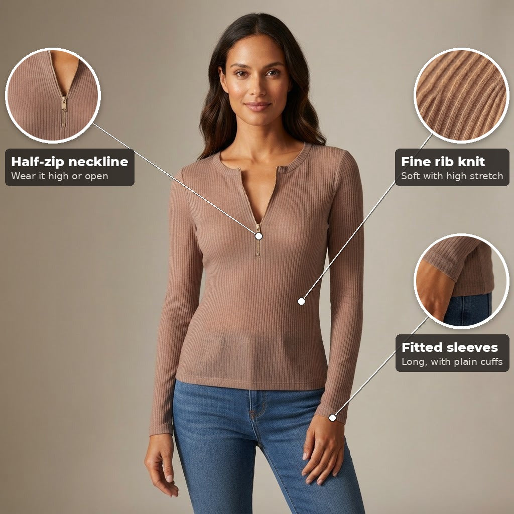 Elisa ribbed knit half zip top, Mocha, key features