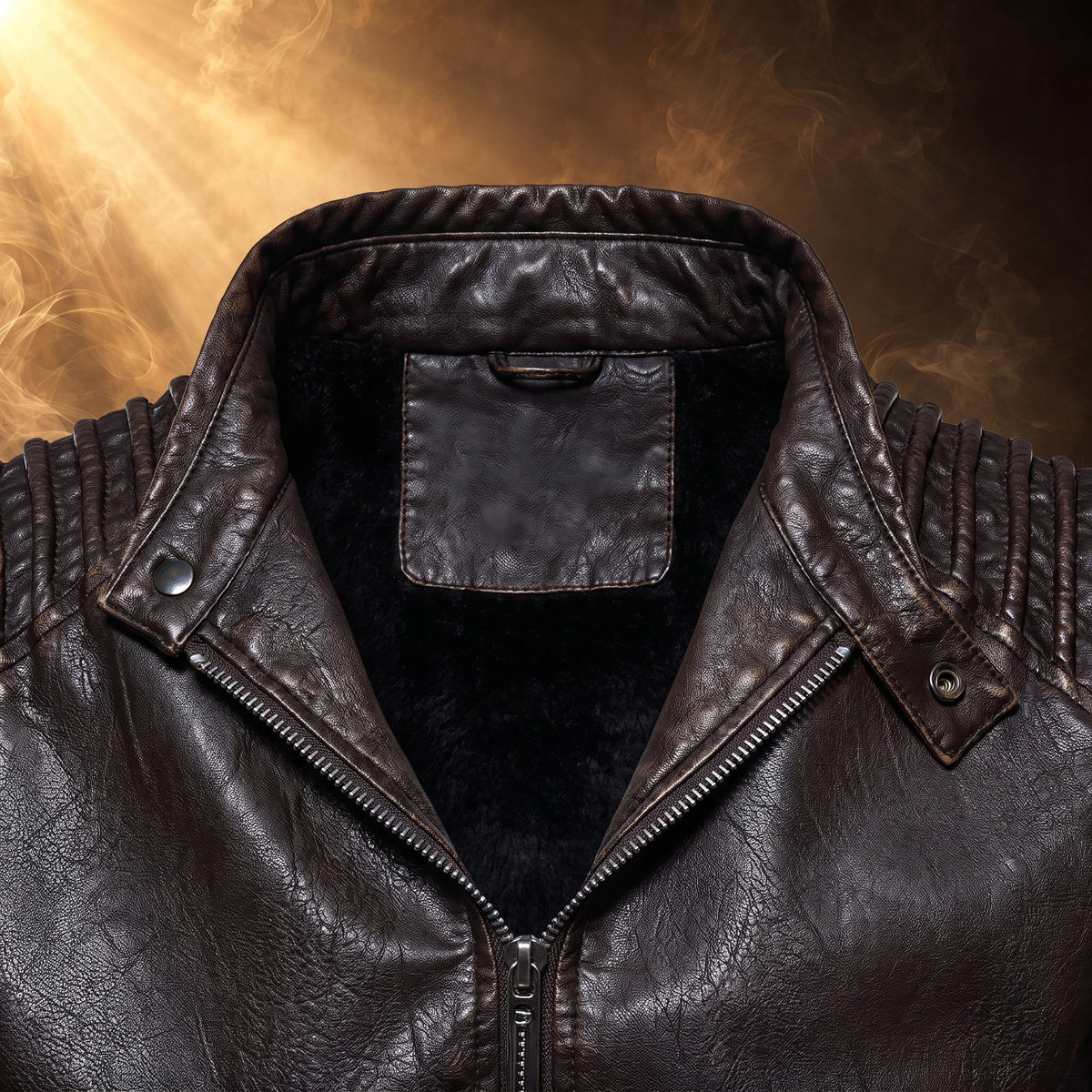 Umberto moto jacket, Dark Brown, snap-tab stand collar close-up