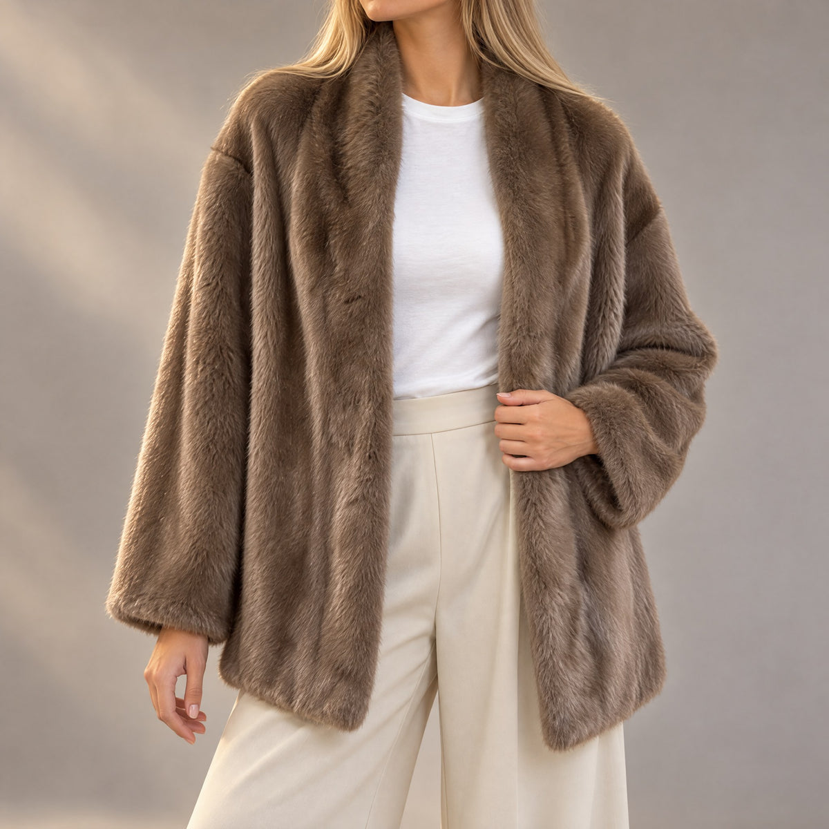 Camille open front plush fur coat in light coffee, front view