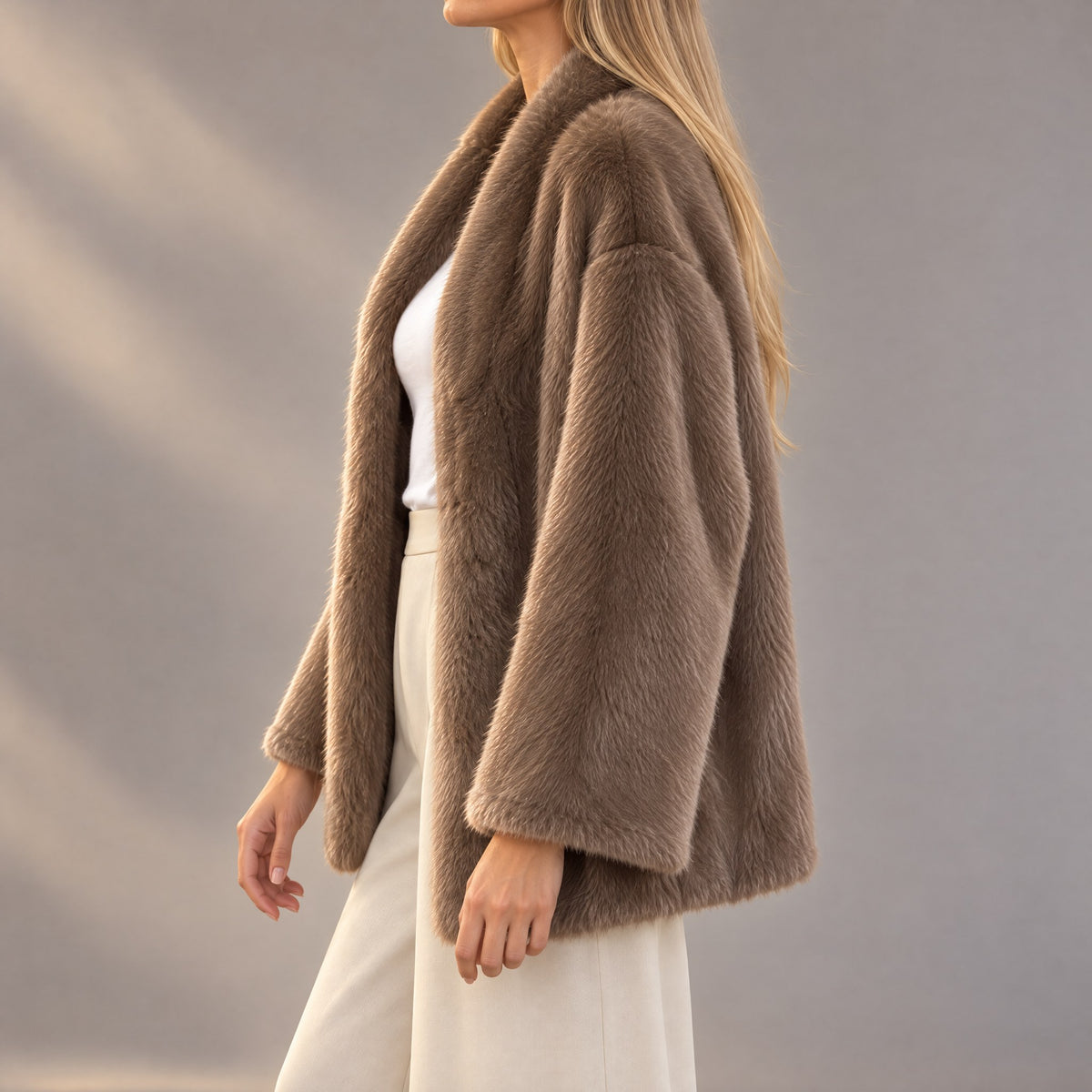 Camille open front plush fur coat in light coffee, side view