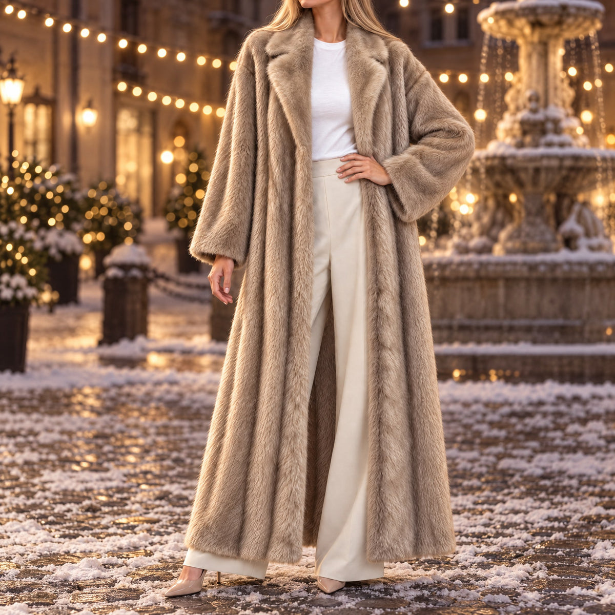 Camille long plush fur coat in champagne in a snowy square at night