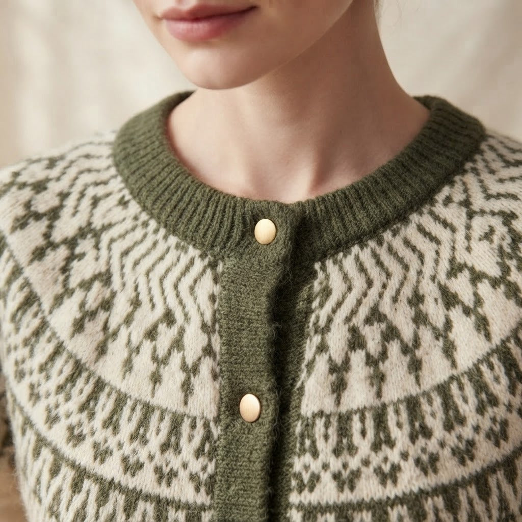 Giada Fair Isle crew neck cardigan, Cream and Green, crew neck close-up