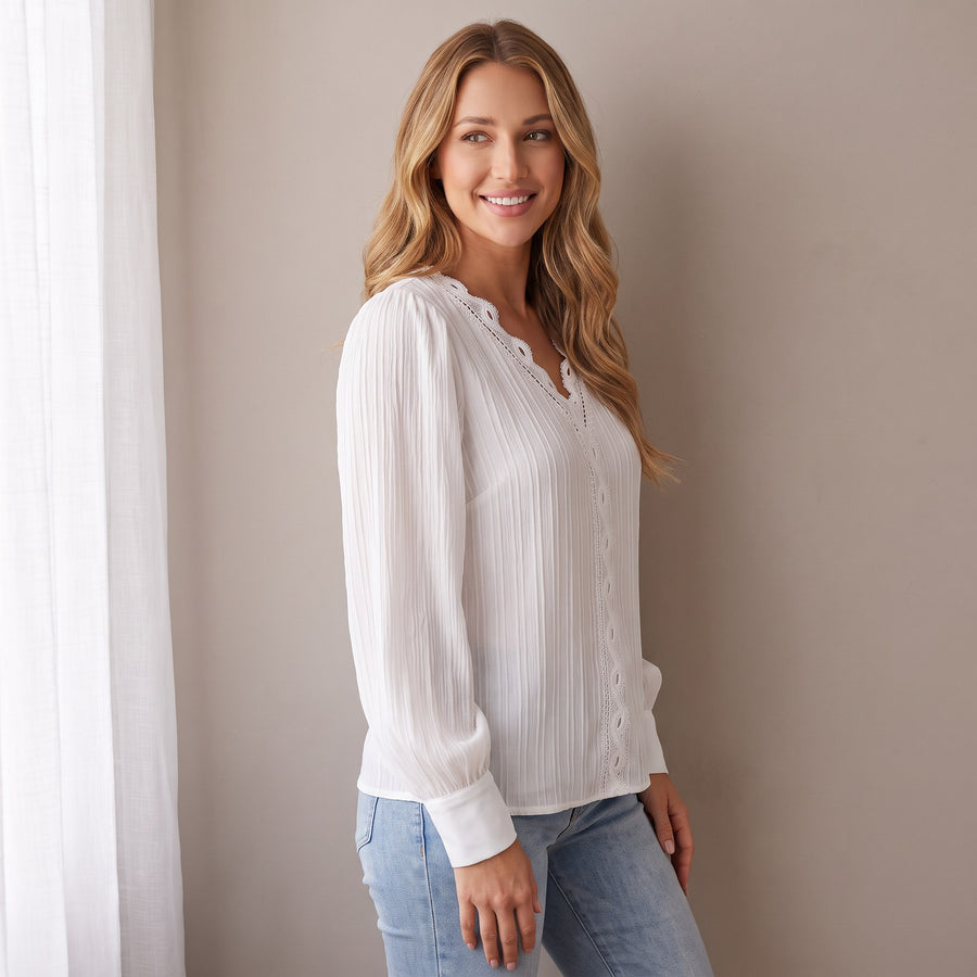 Aurelia Lace Trim V-Neck Lantern Sleeve Blouse for Women
