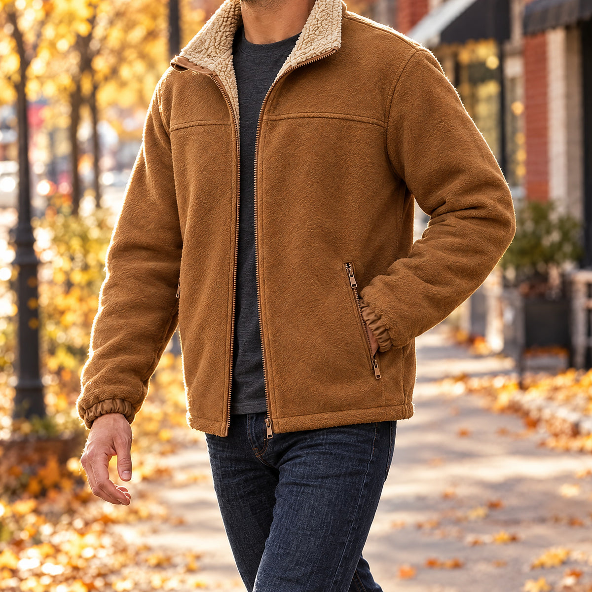 Cesare fleece stand collar jacket in caramel, three-quarter view