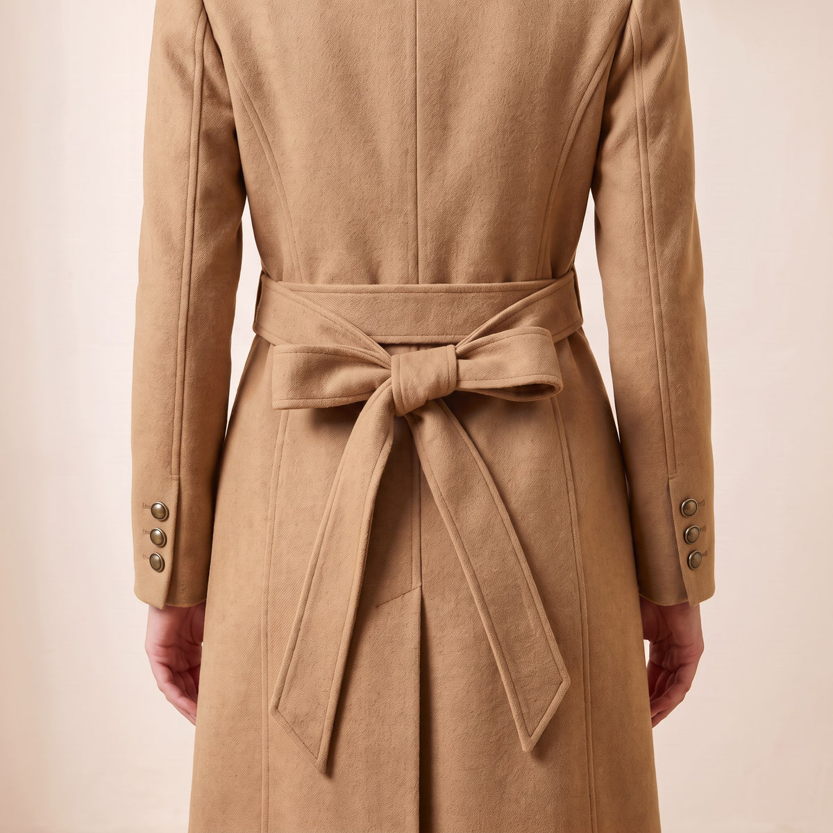 Cordelia coat, Khaki, back tie belt bow close-up
