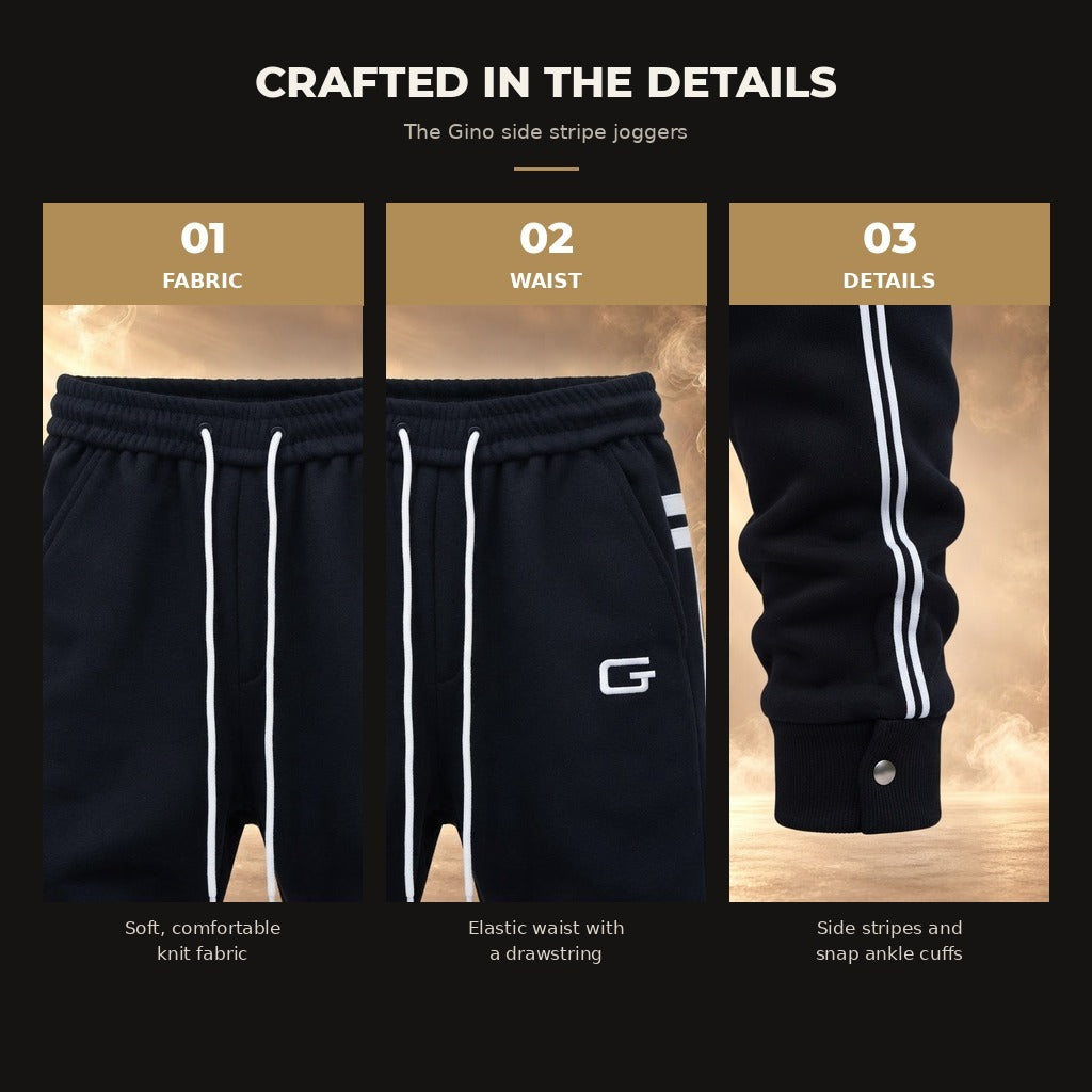 Gino side stripe jogger pants, Black, material and details