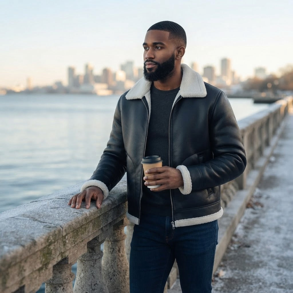 Emanuele sherpa lined faux leather aviator jacket, Black, worn on a waterfront on a winter morning