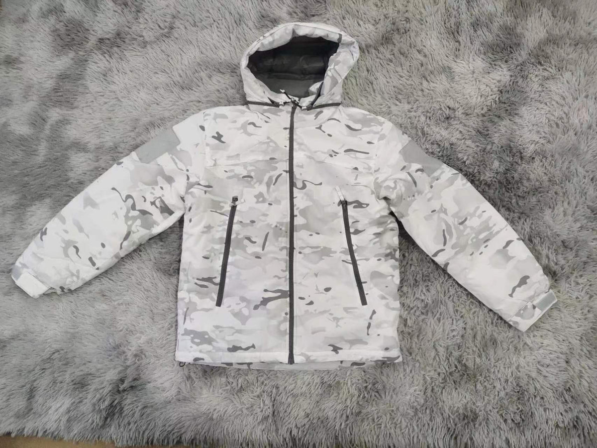 Thierry tactical jacket, Snow Camo, flat lay with hood up