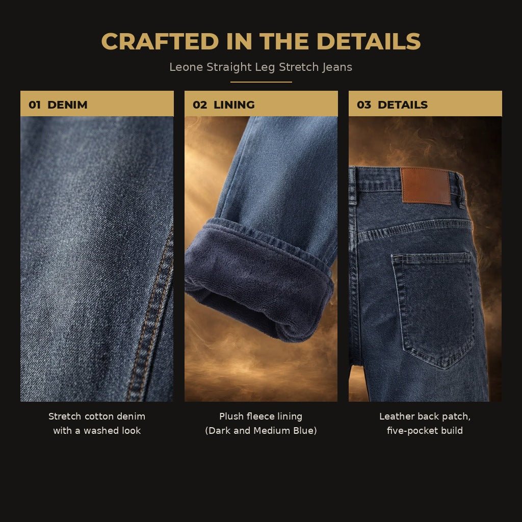 Leone jeans crafted in the details: denim, fleece lining and leather patch