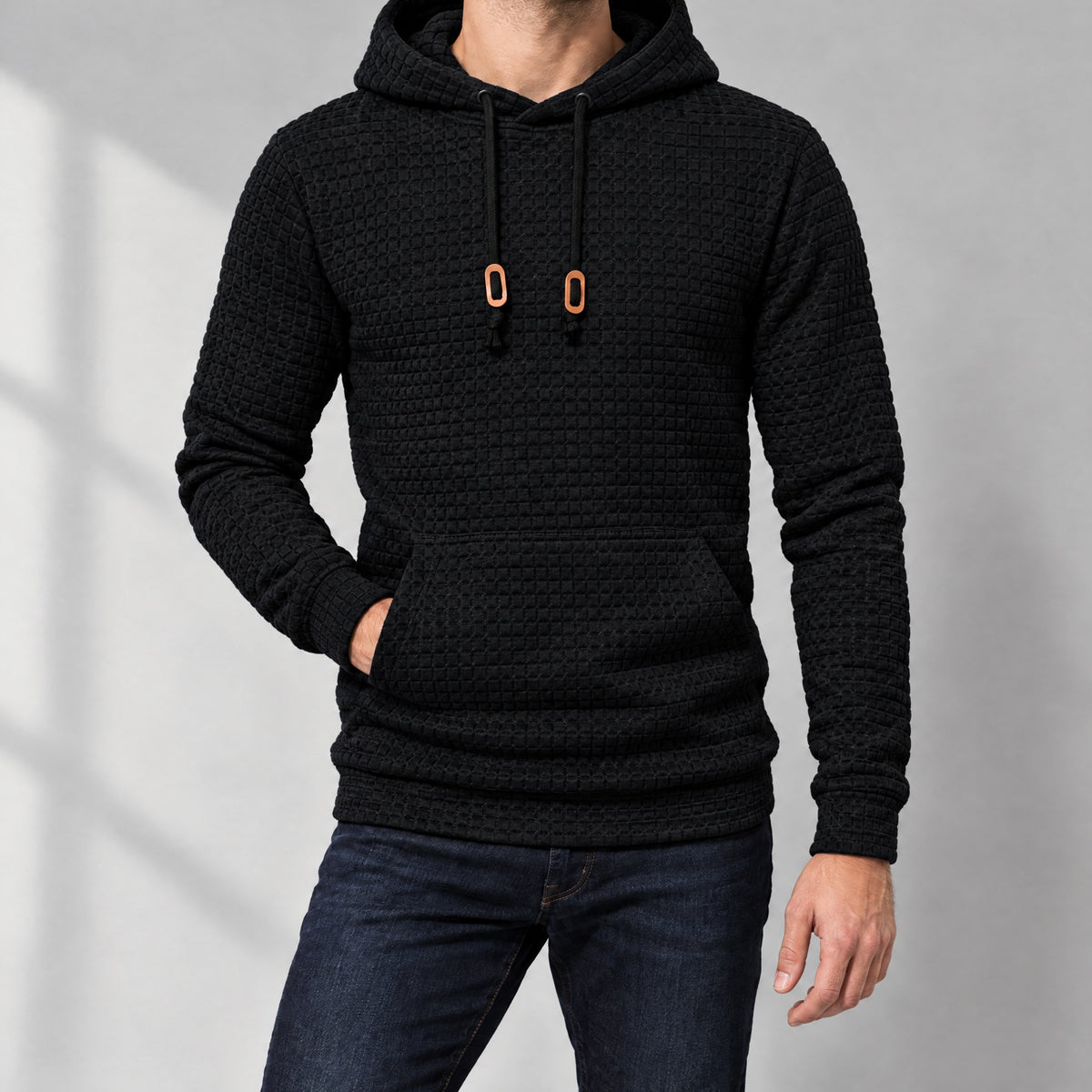 Dorian waffle knit pullover hoodie in black