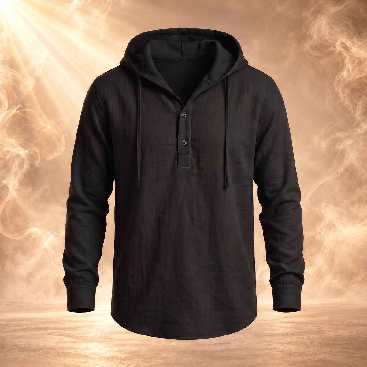 Dario hooded linen henley shirt, Black, front