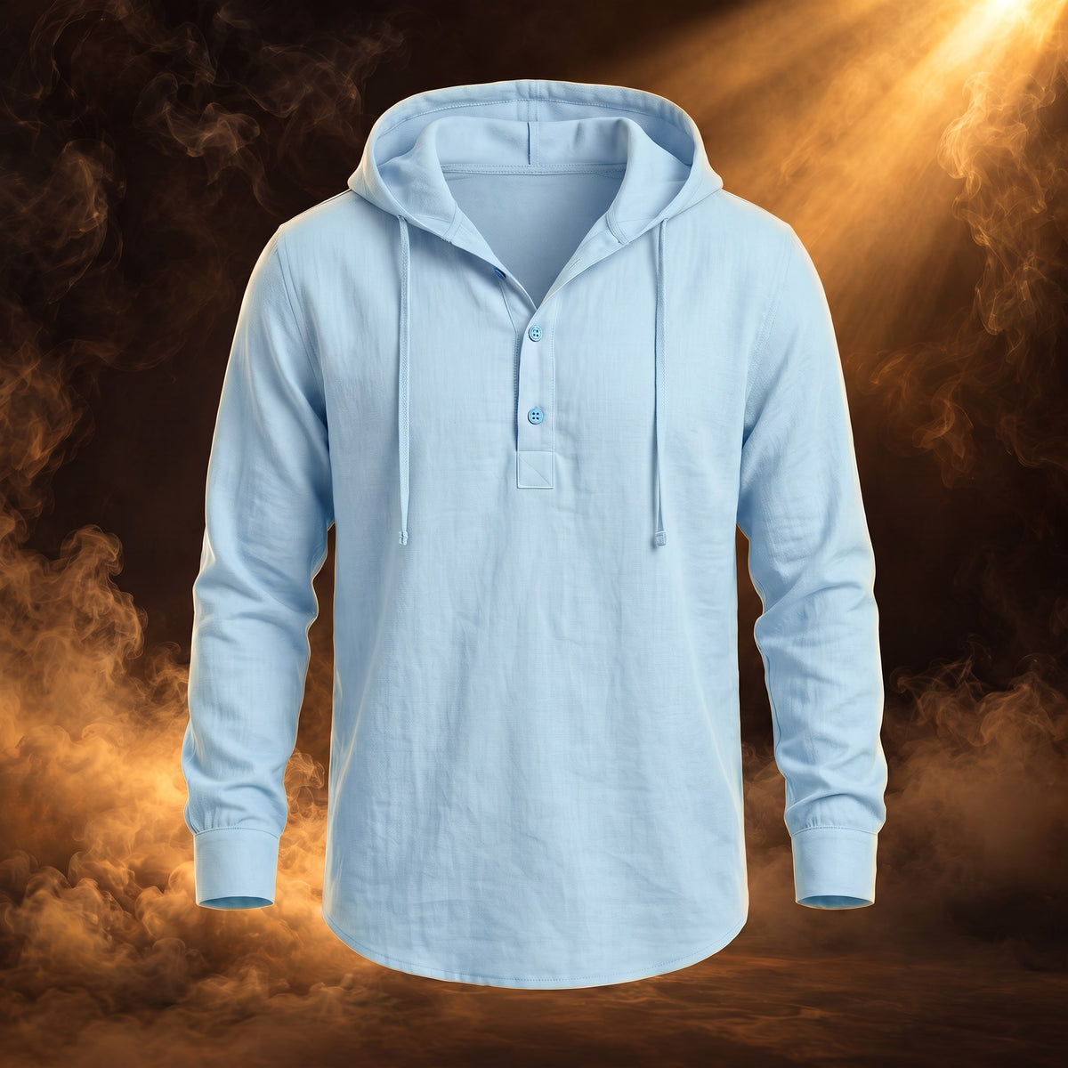Dario hooded linen henley shirt, Light Blue, front