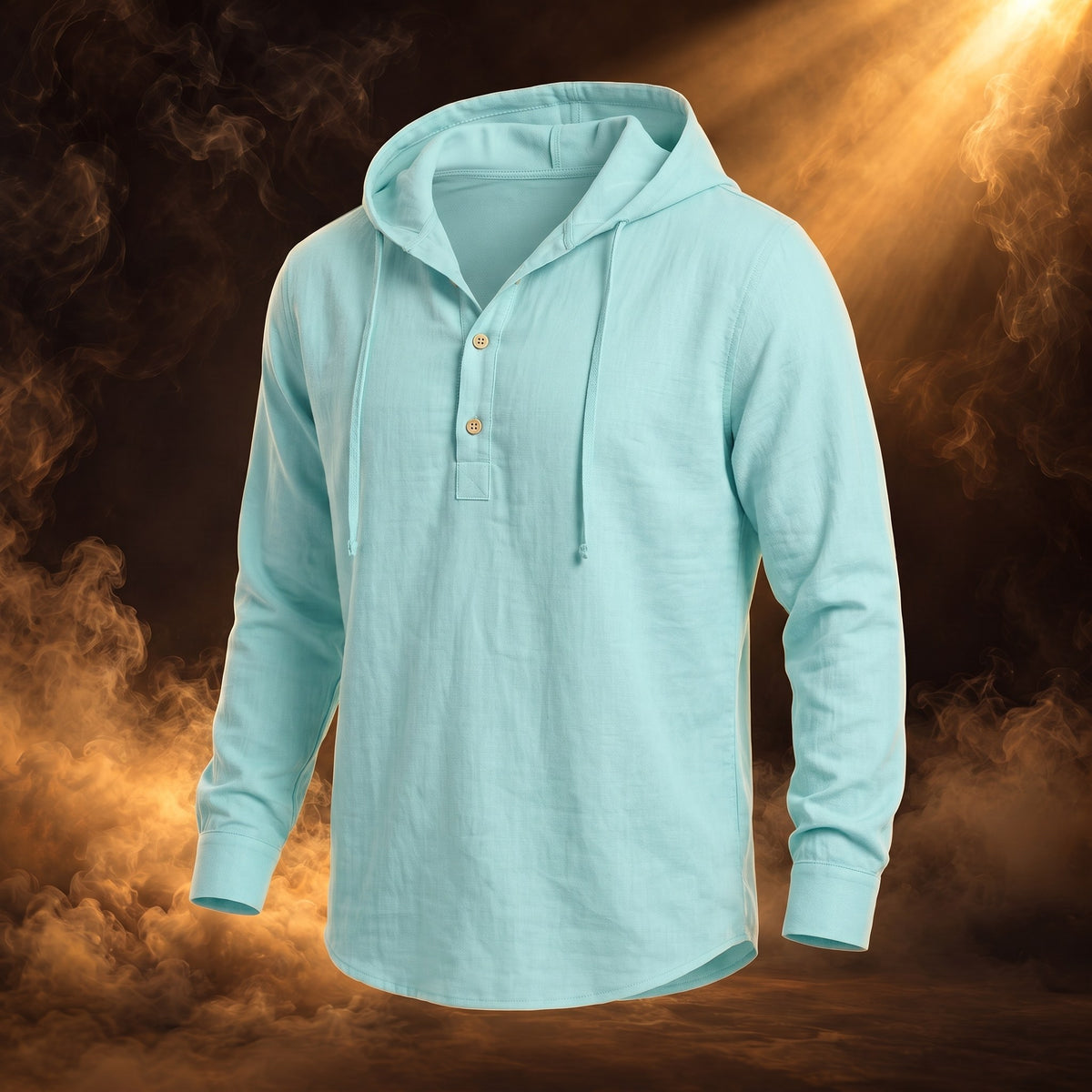 Dario hooded linen henley shirt, Mint Green, three-quarter side view