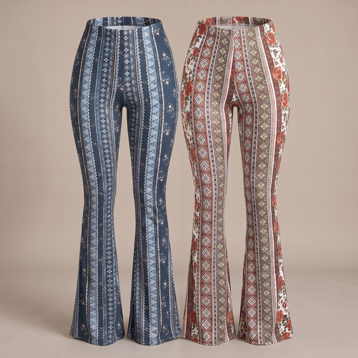 Serena flare pants, 2-Pack Teal and Terracotta Floral, both pairs