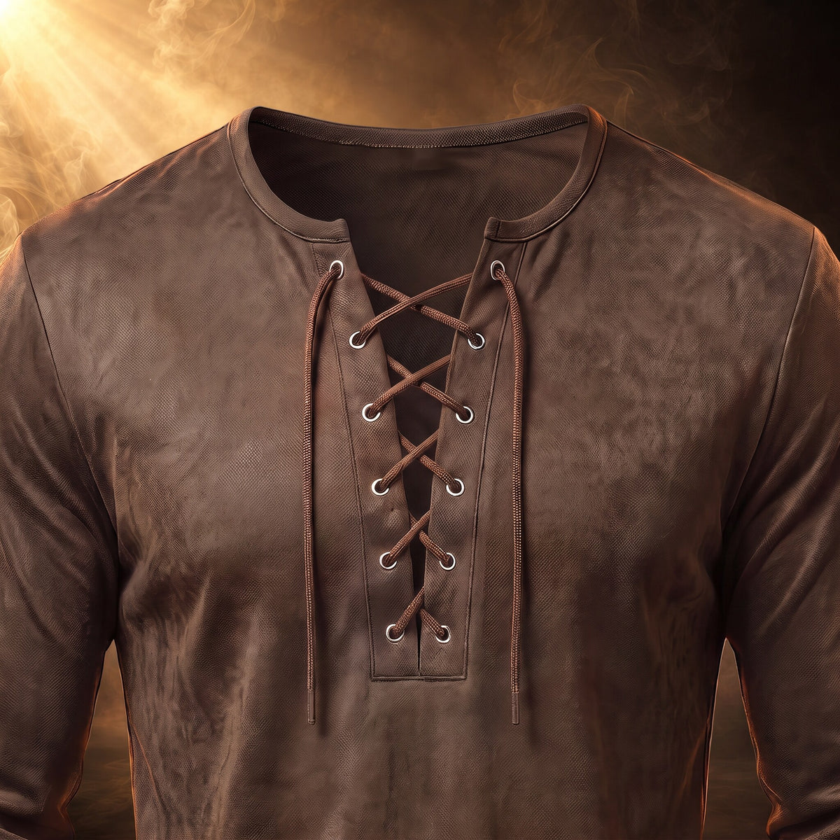 Desmond lace-up henley shirt, Brown, lace-up neckline close-up
