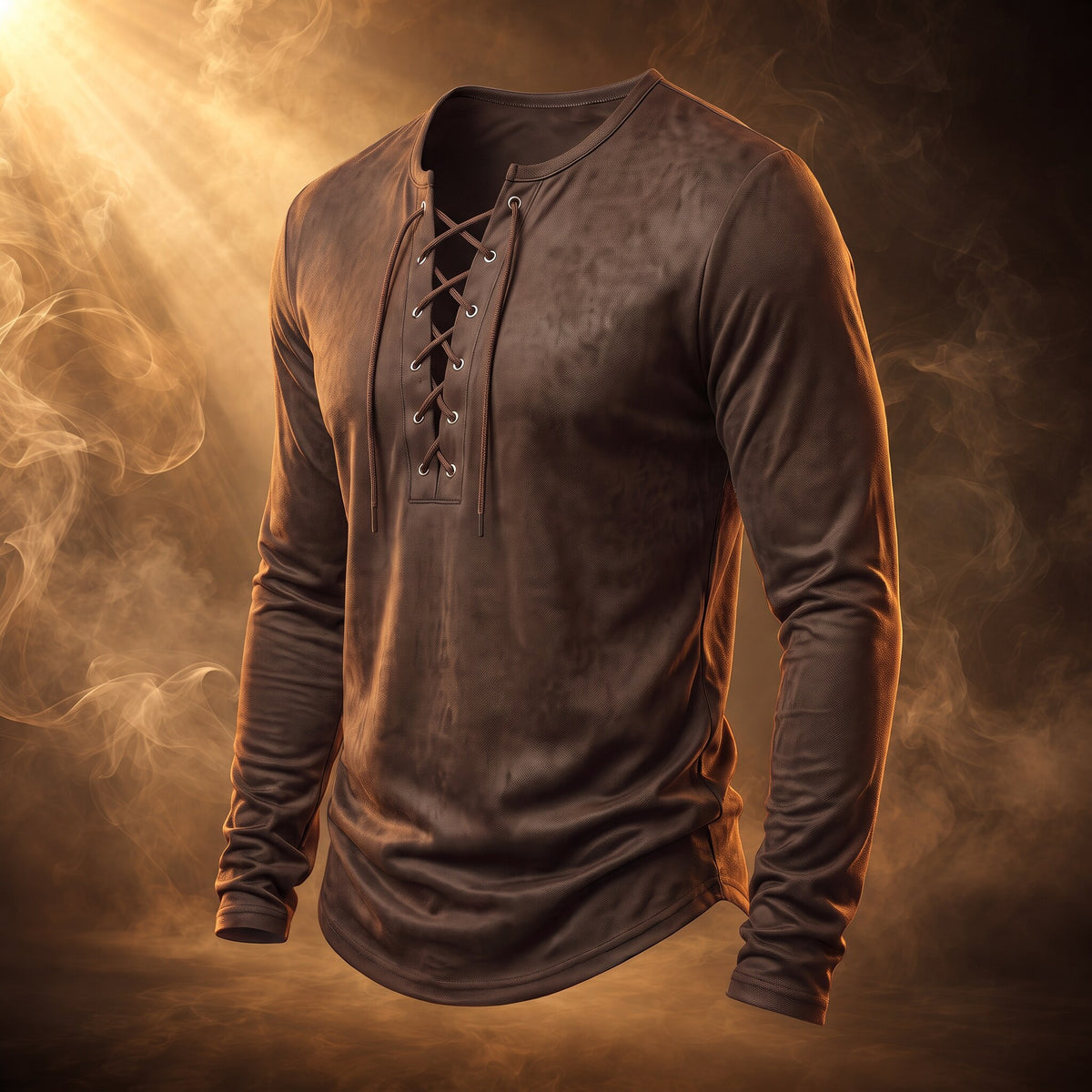 Desmond lace-up henley shirt, Brown, three-quarter side