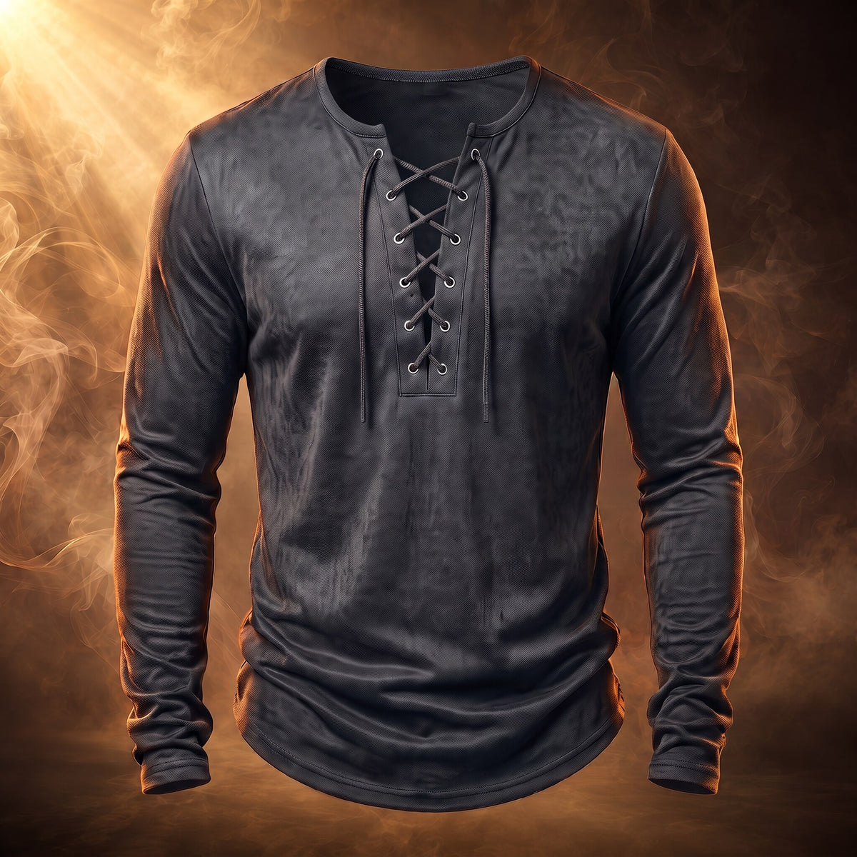 Desmond lace-up henley shirt, Charcoal Gray, front
