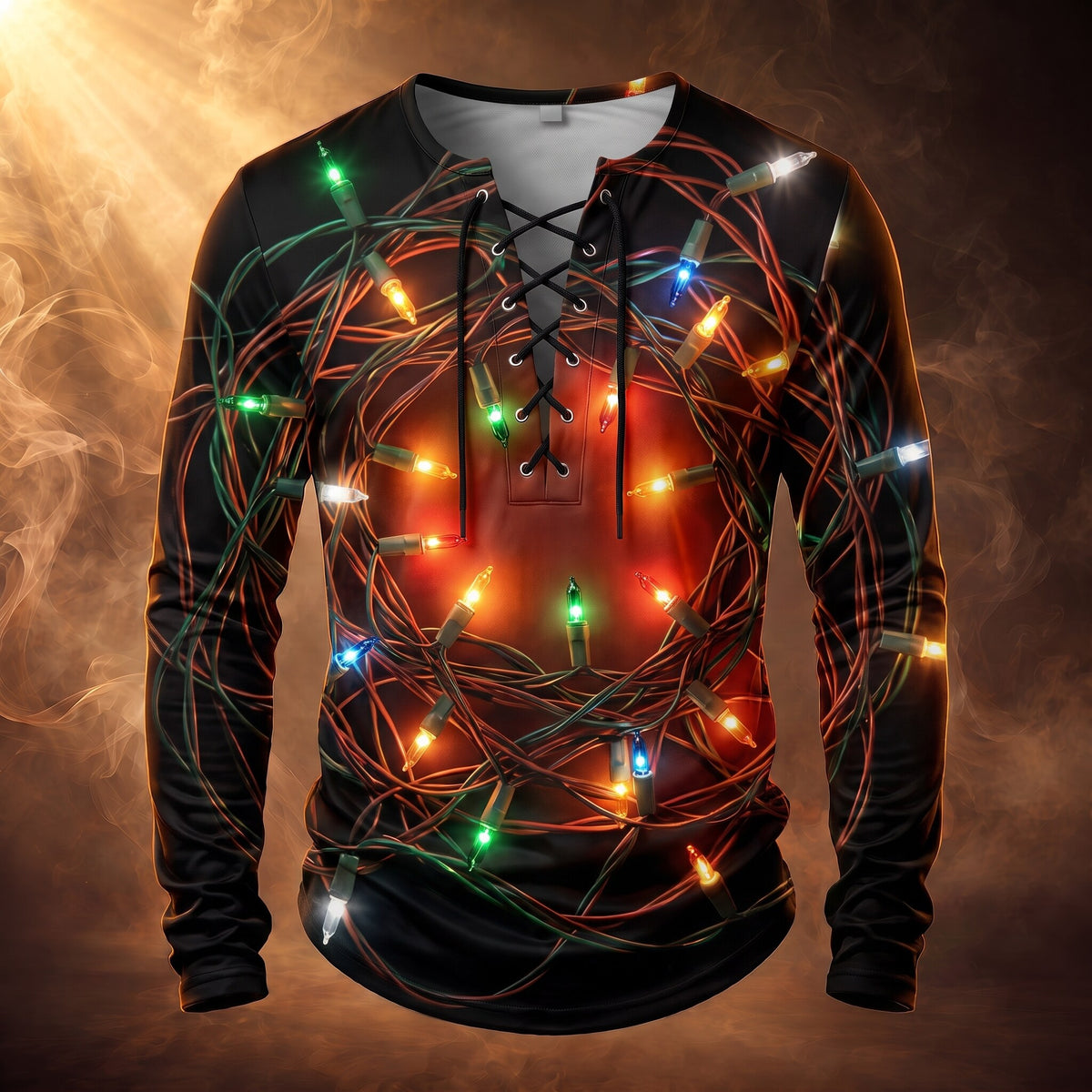 Desmond lace-up henley shirt, Christmas Lights Print, front