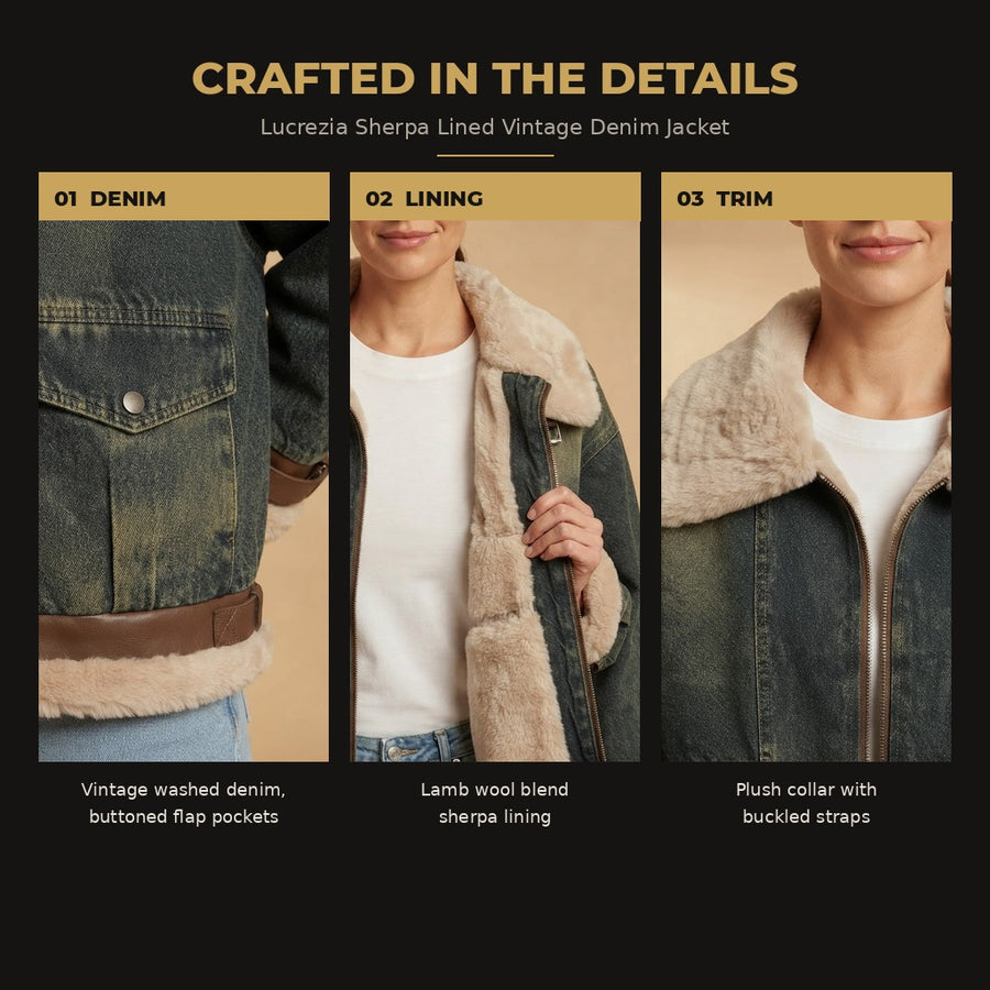Lucrezia Wool Sherpa Lined Vintage Denim Jacket for Women