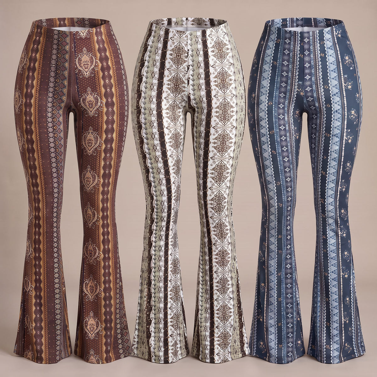 Serena flare pants, 3-Pack Brown, White, Teal, all three pairs