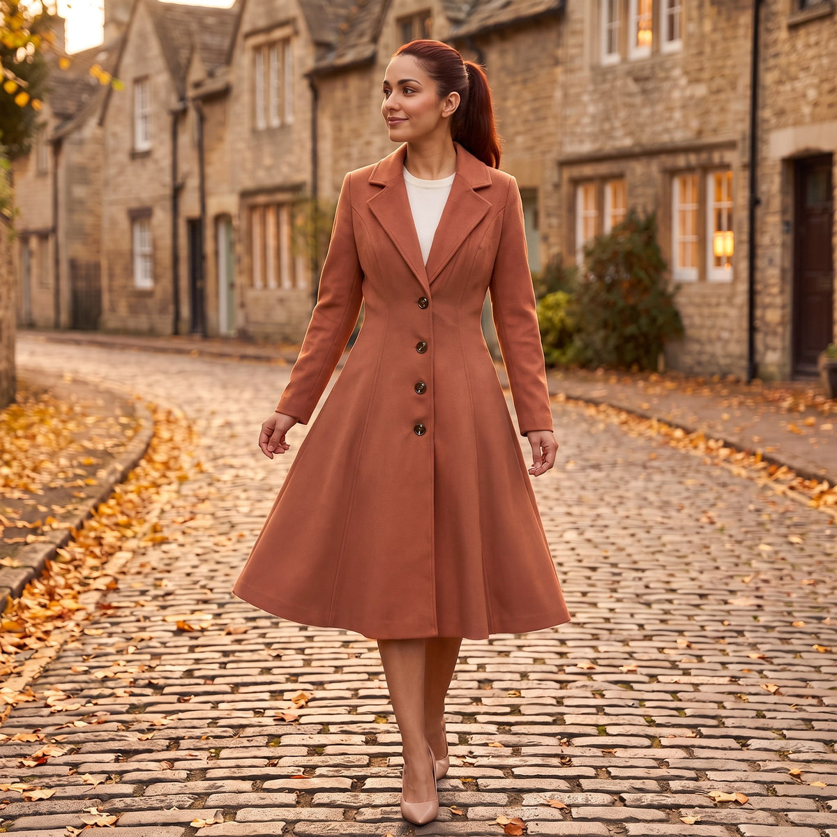 Fiorella coat, Terracotta, worn on an autumn cobblestone street