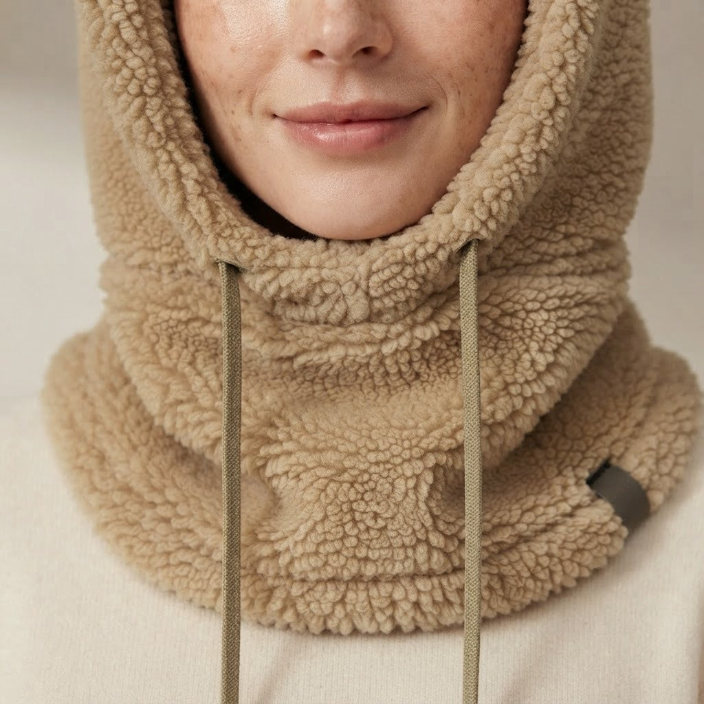 Ernesto plush fleece balaclava, Khaki, folded face panel close-up
