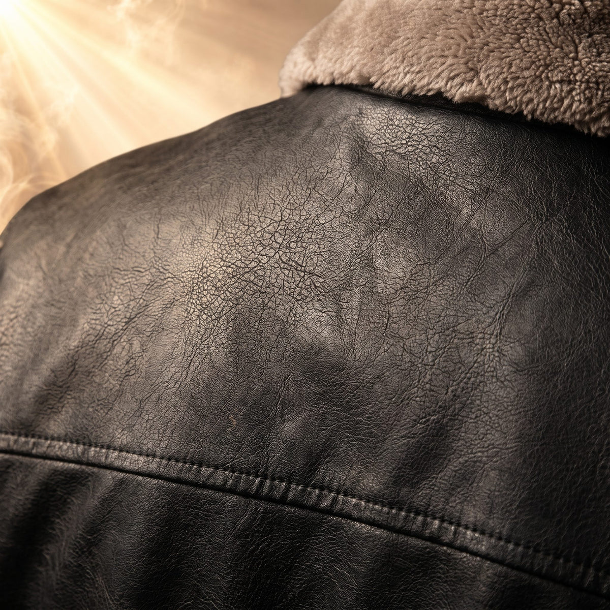 Edmund trucker jacket, Black, matte worn faux leather close-up