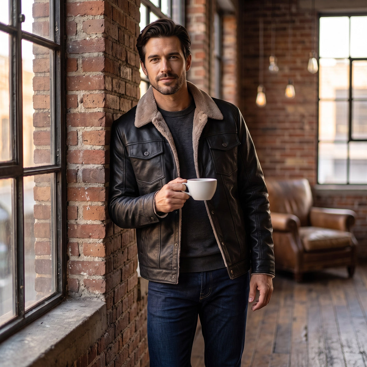 Edmund trucker jacket, Black, worn in a brick loft