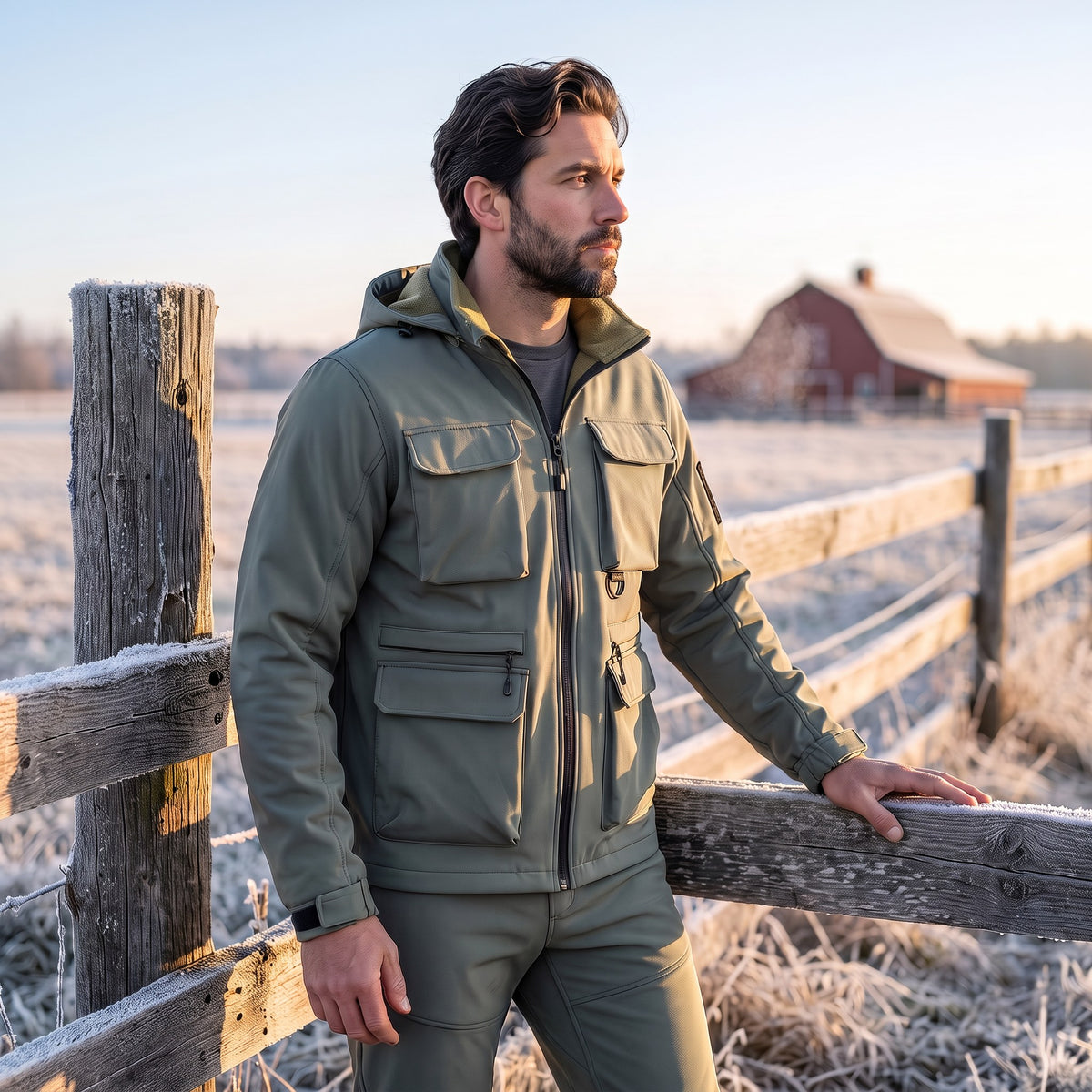 Severino jacket and pants set, Sage Green, worn at a frosty farm fence