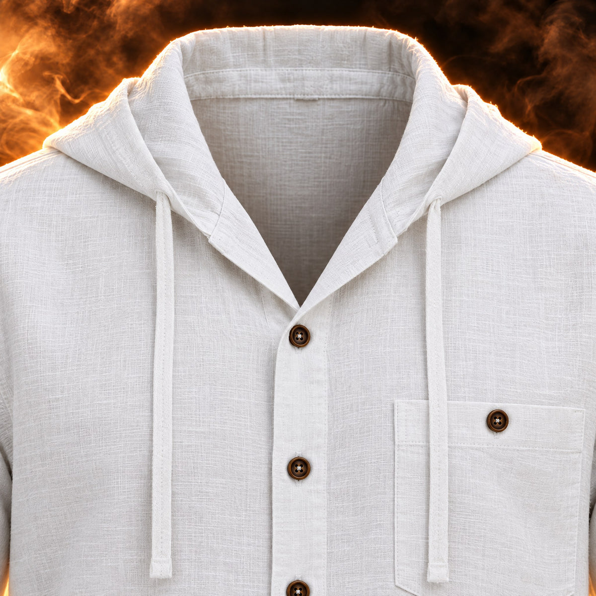 Elio shirt close-up of the drawstring hood and V neckline