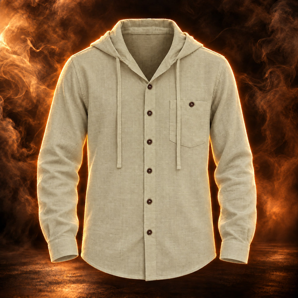 Elio hooded long sleeve button up beach shirt for men in khaki, front view