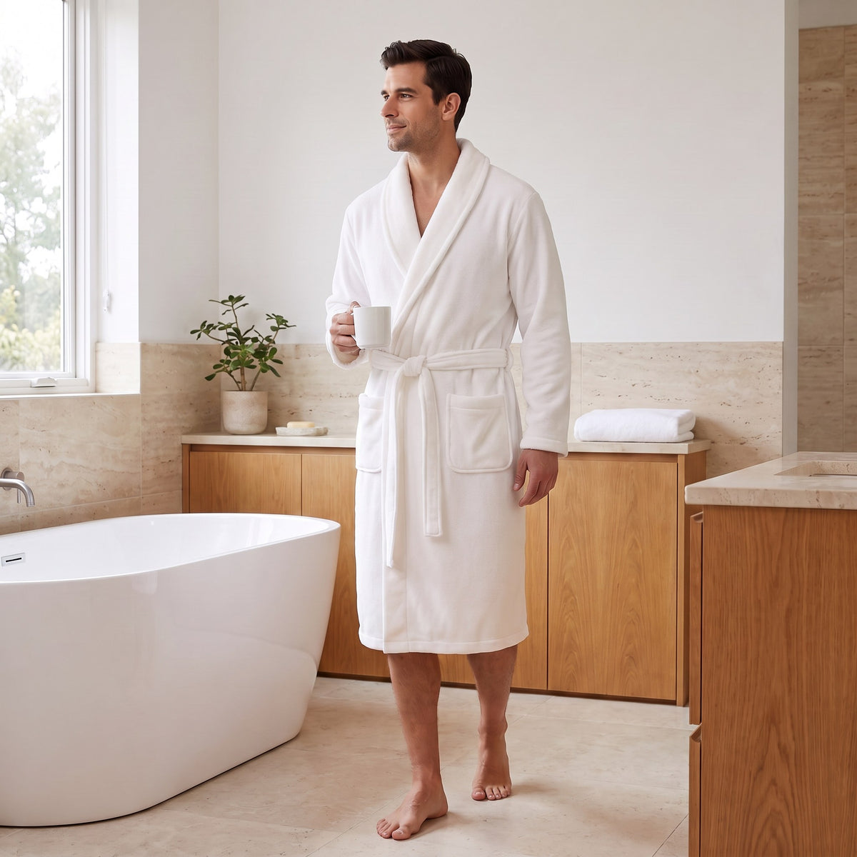 Elodie bathrobe, White, worn by a man in a spa bathroom