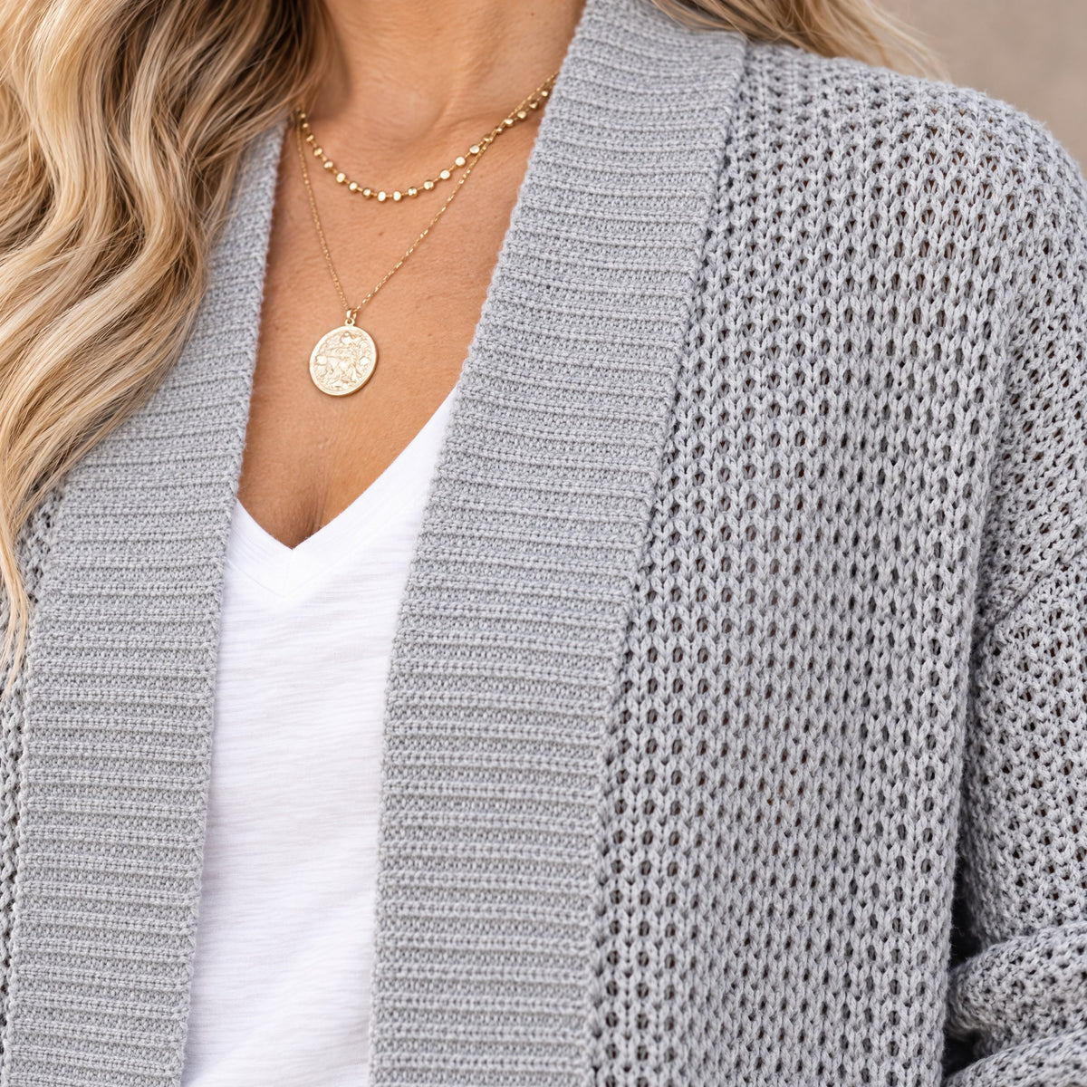 Ribbed front band and waffle knit of the Eloise cardigan