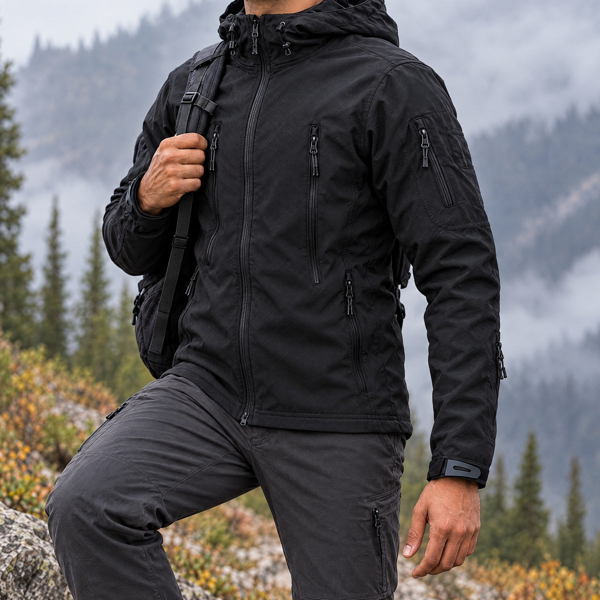 Ettore soft shell tactical jacket in black, three-quarter view