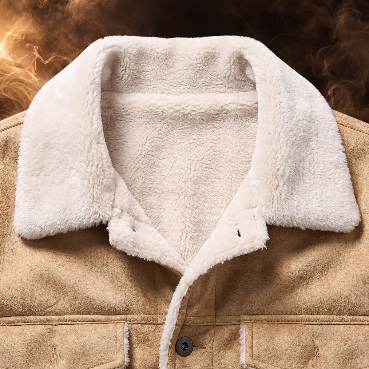 Evander plush-lined trucker jacket, Camel, plush lapel collar close-up