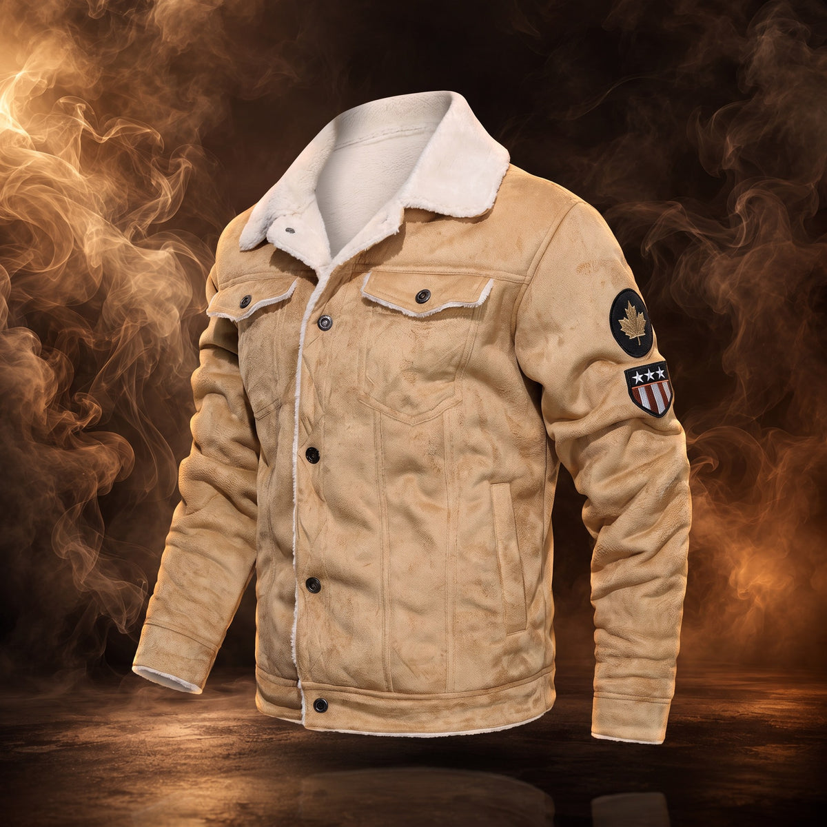 Evander plush-lined trucker jacket, Camel, front view