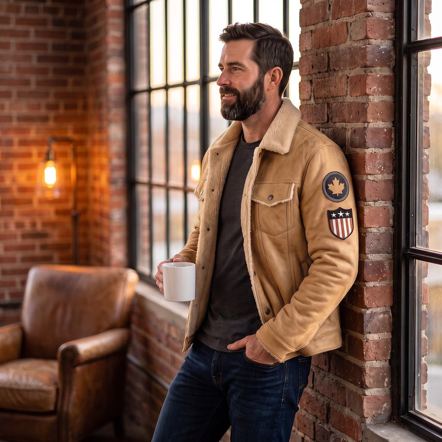 Evander Plush-Lined Leather Trucker Jacket for Men