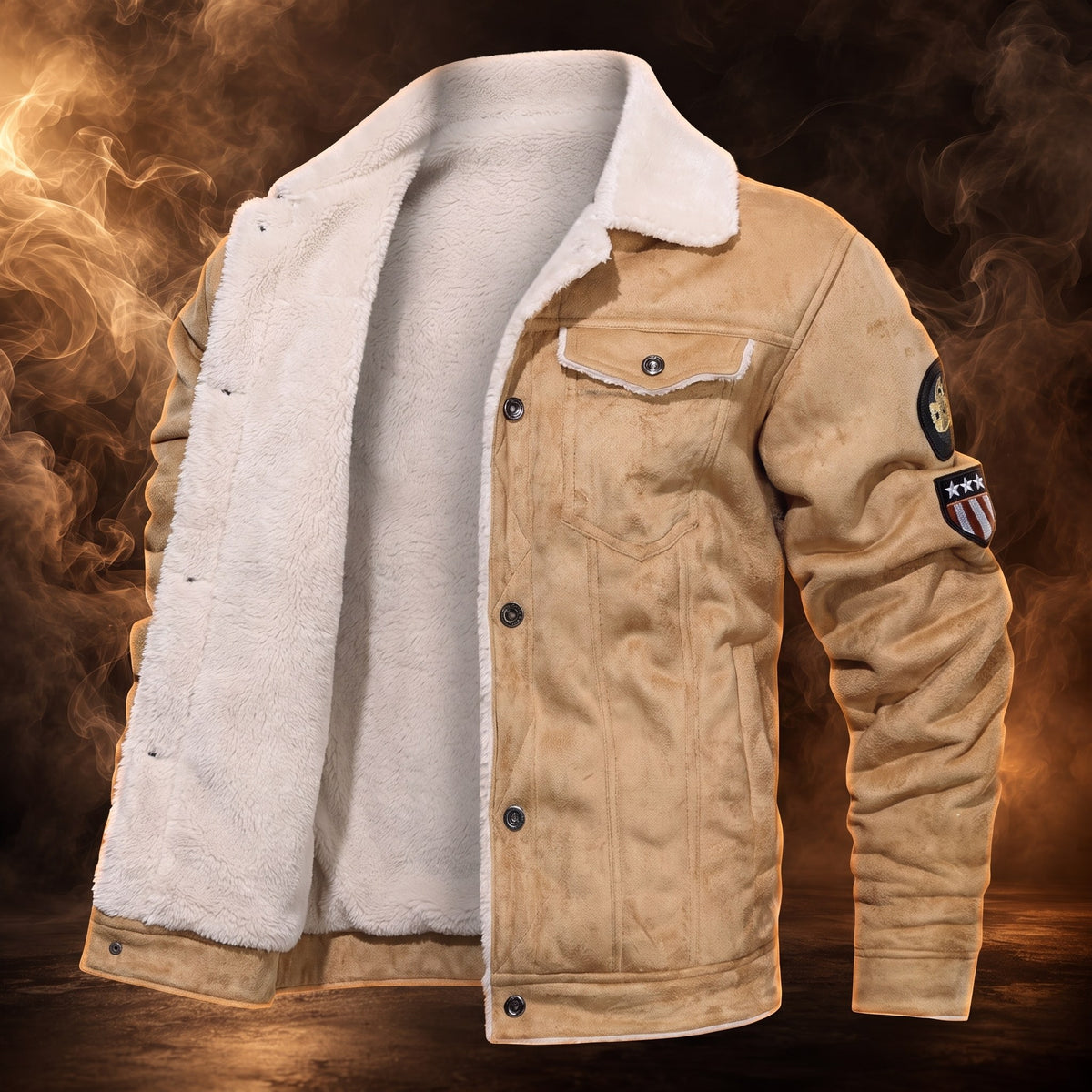 Evander plush-lined trucker jacket, Camel, plush lining at the open front