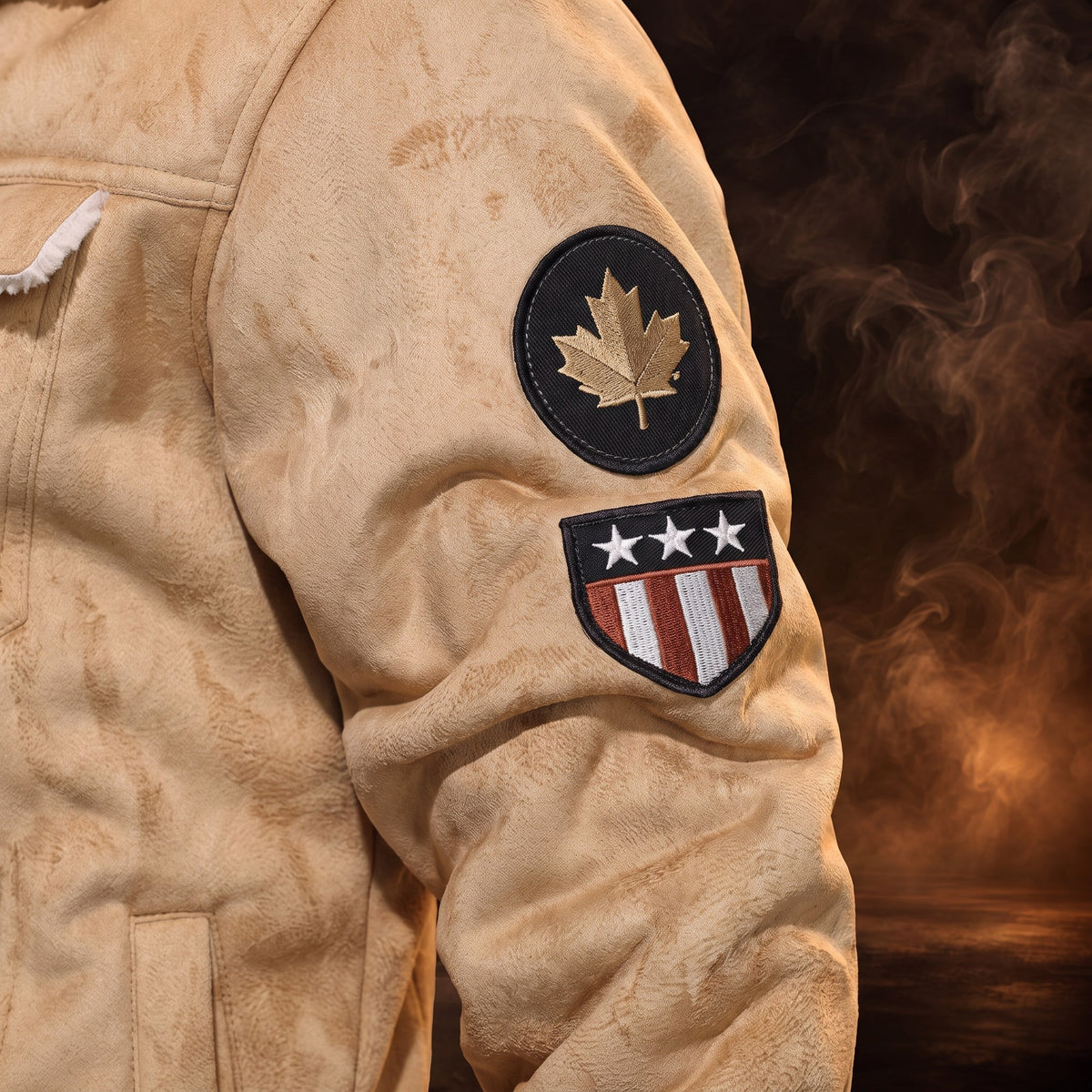 Evander plush-lined trucker jacket, Camel, left sleeve patches close-up