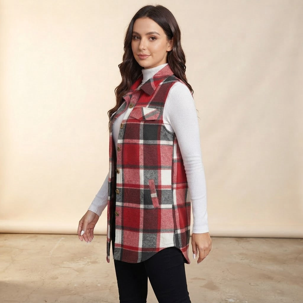 Fabiola plaid sleeveless shirt vest, Red, side