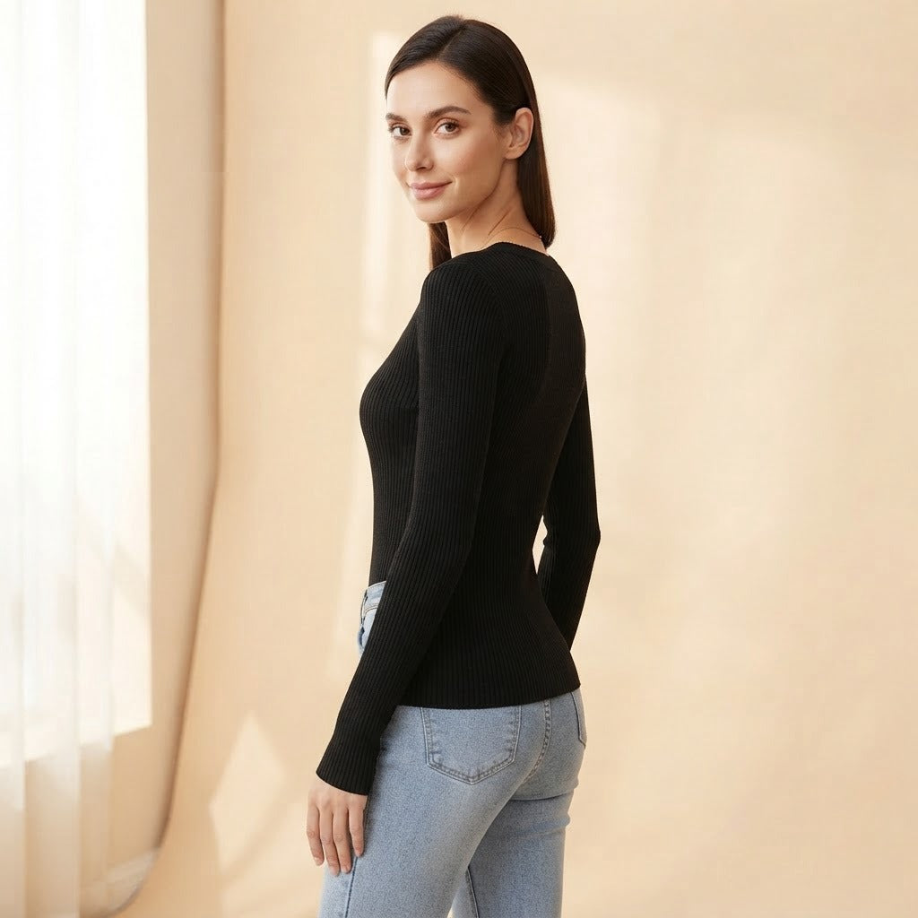 Greta ribbed V-neck knit sweater, Black, side