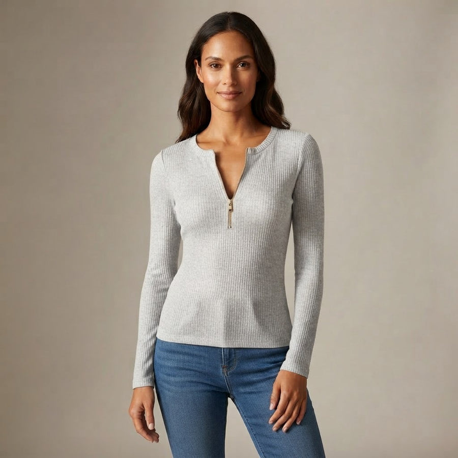 Elisa Ribbed Knit Half Zip Long Sleeve Top for Women