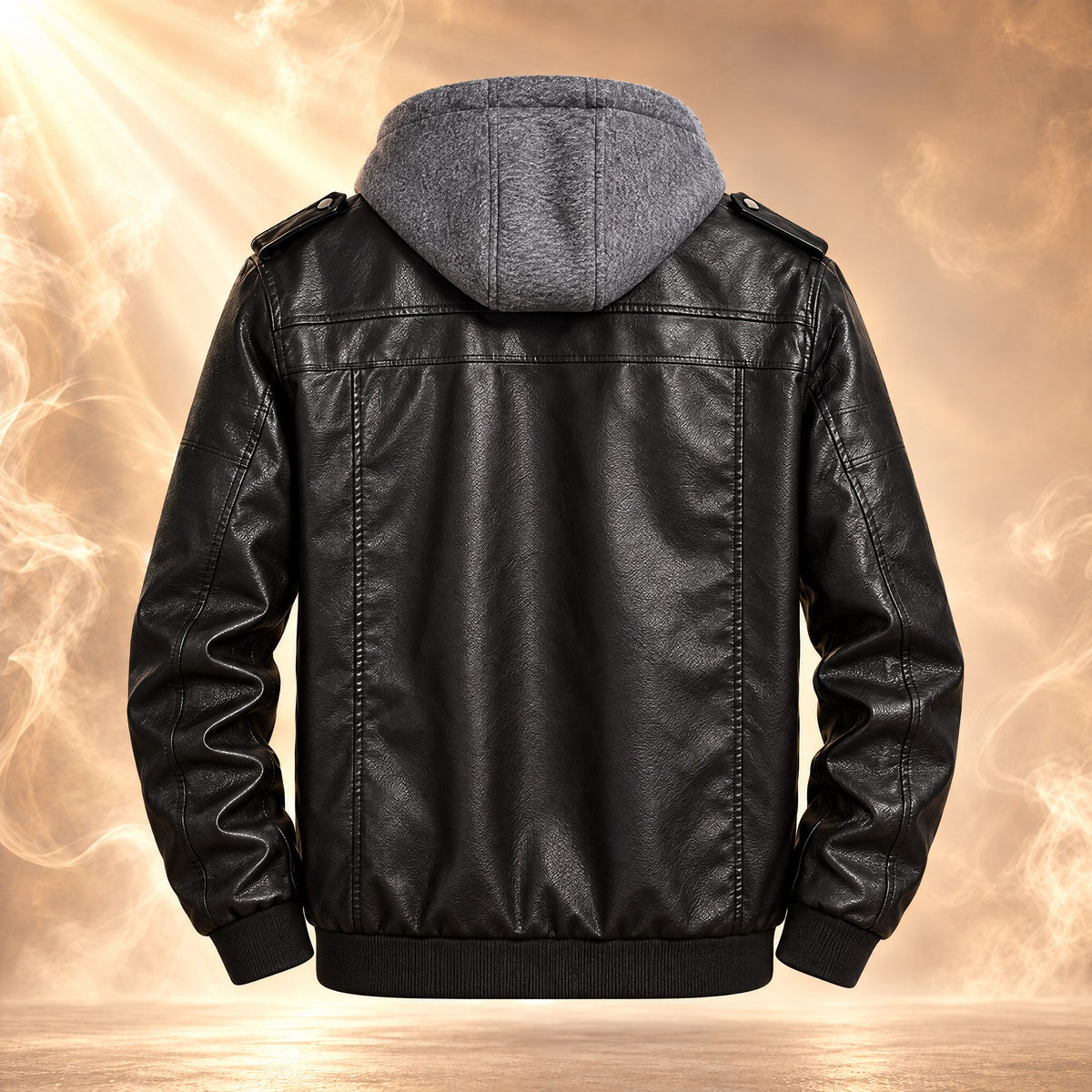 Federico moto jacket in black, back view with the hood down