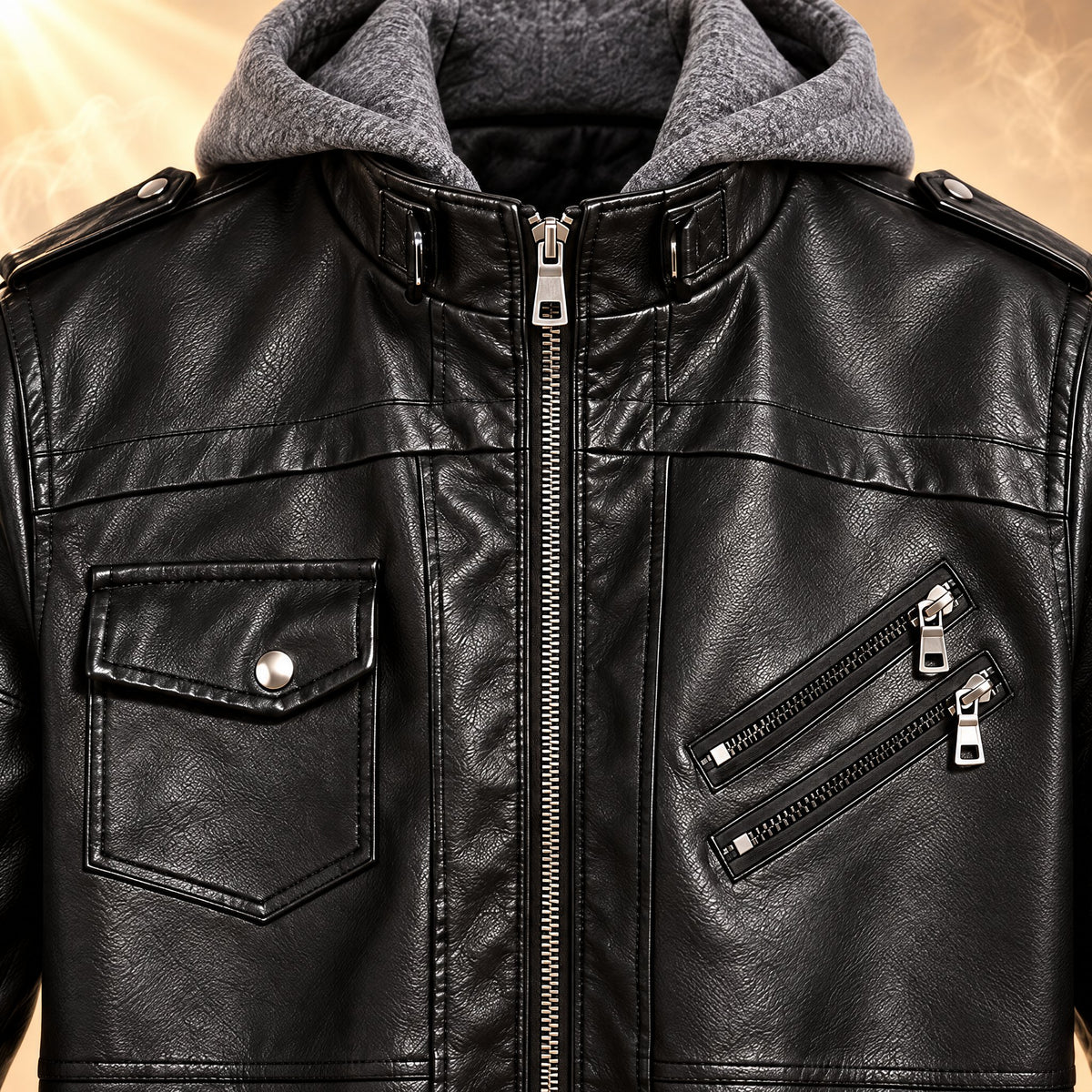 Snap-flap chest pocket and diagonal zip pockets of the Federico moto jacket