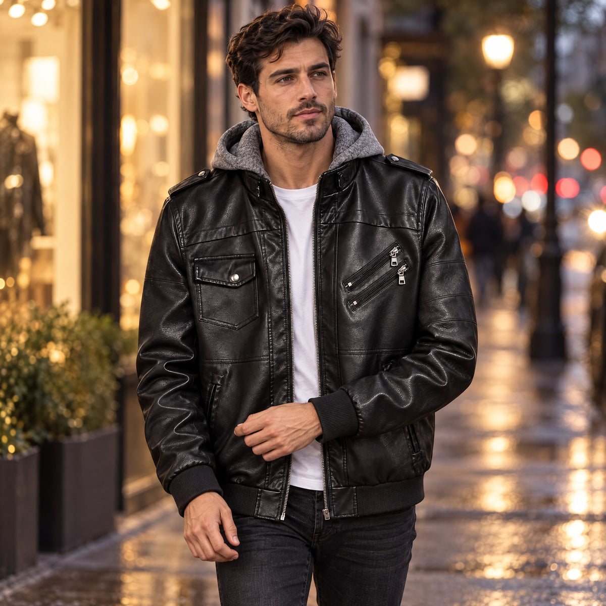 Man walking an evening city street in the Federico moto jacket in black