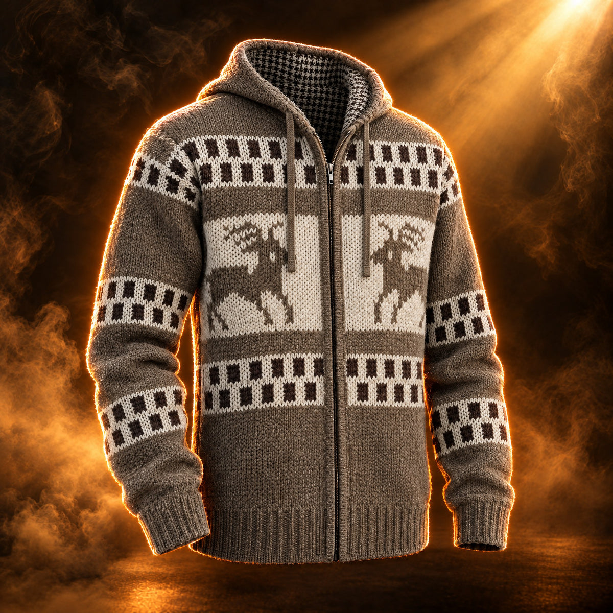 Florian reindeer jacquard zip up cardigan for men in taupe, front view