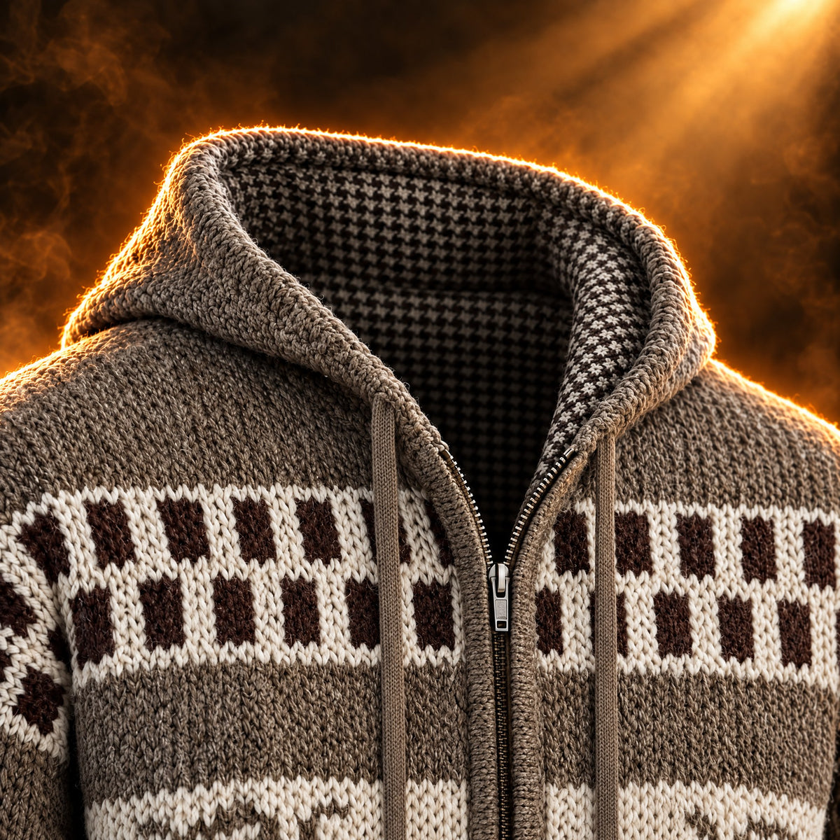 Florian cardigan close-up of the hood with houndstooth lining and drawstrings